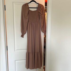 Smocked Square-Neck Maxi Dress in Taupe